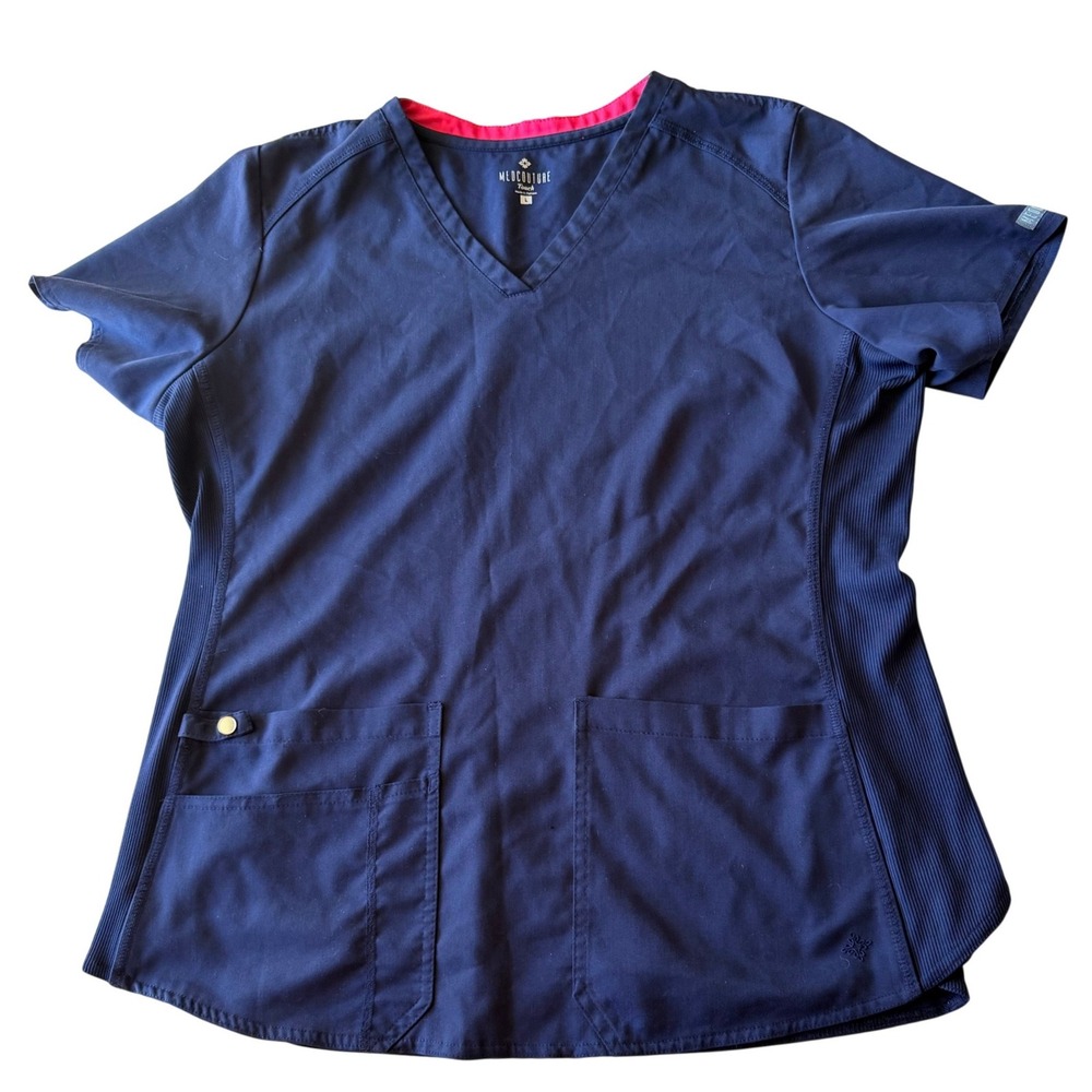 Med Couture Women Touch V-Neck Scrub Top Navy Blue Large‎ Ribbed Side Panels L